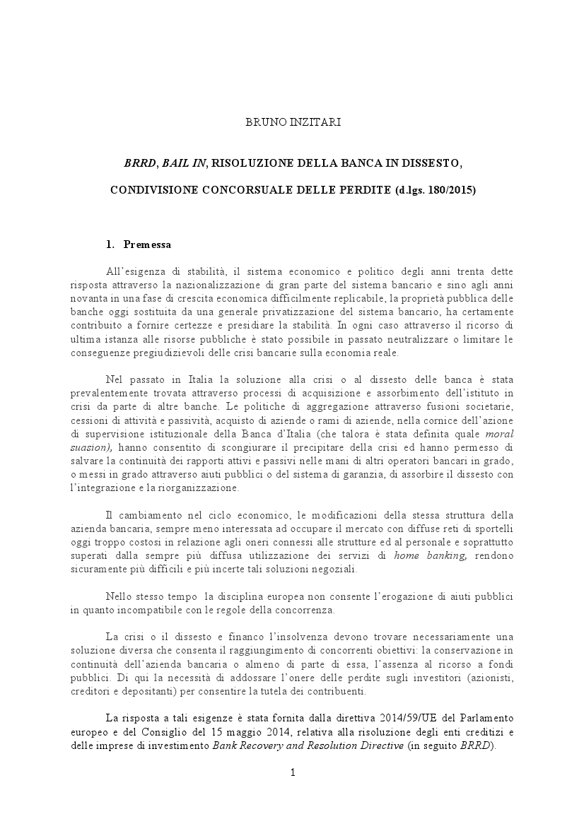 BRRD, bail in, risoluzione della banca in dissesto, condivisione concorsuale delle perdite (d.lgs. 180-2015)
