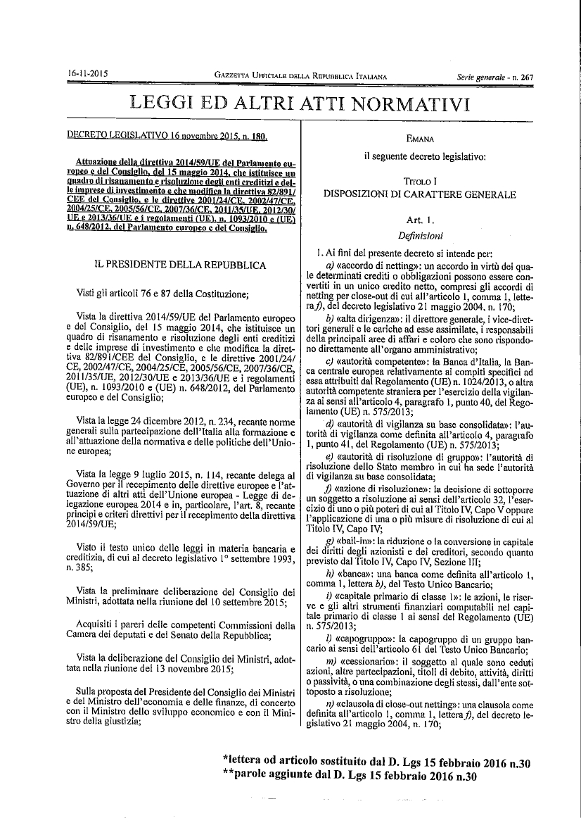 D.lgs 180-2015 modificato da d.lgs. 30-2016